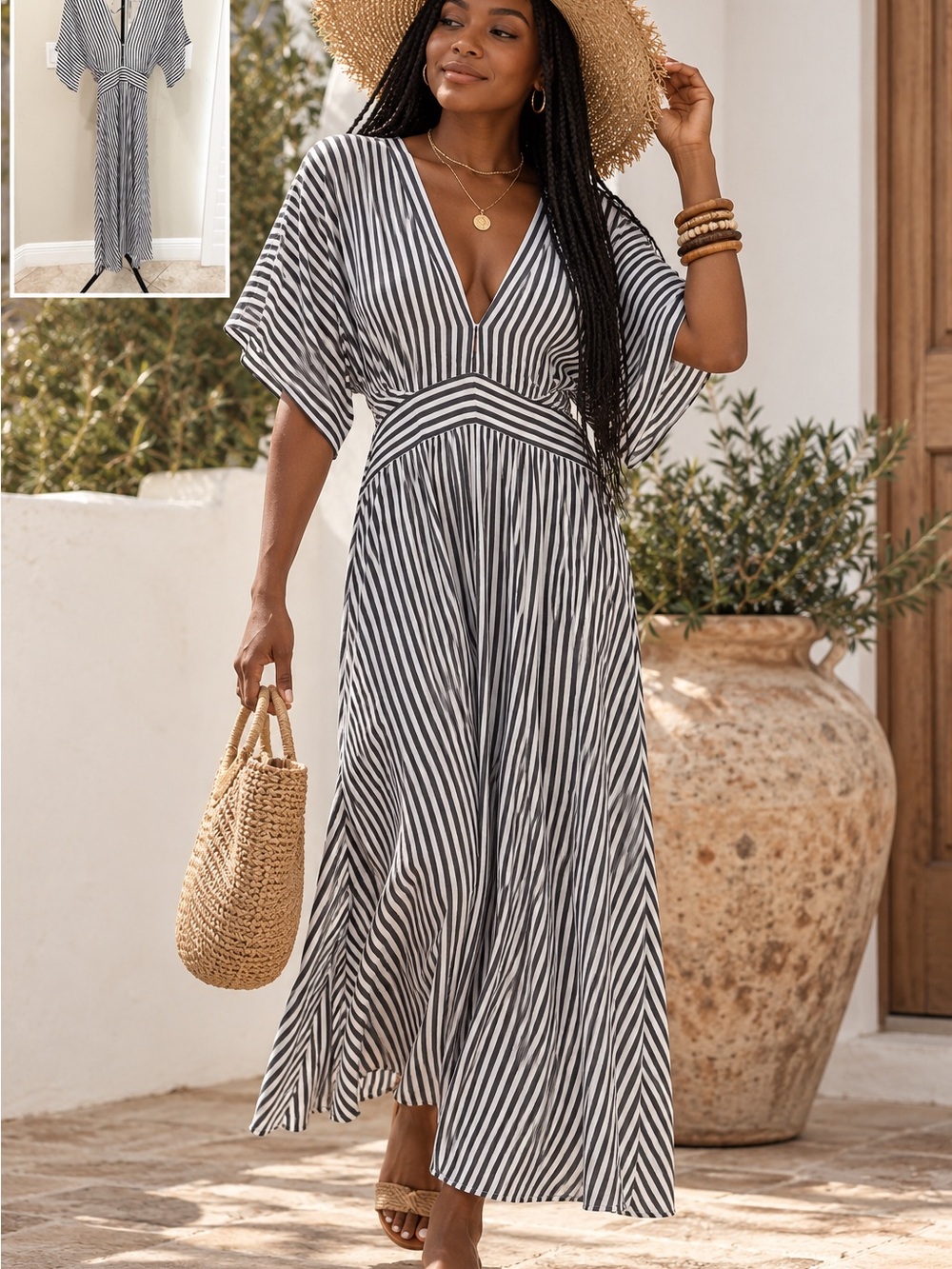 Elan Black and White Striped V-Neck Midi Dress